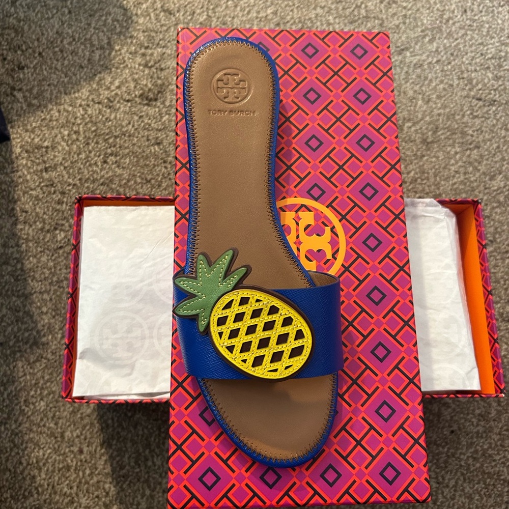 Tory Burch Blue Sandals with Pineapple Accent